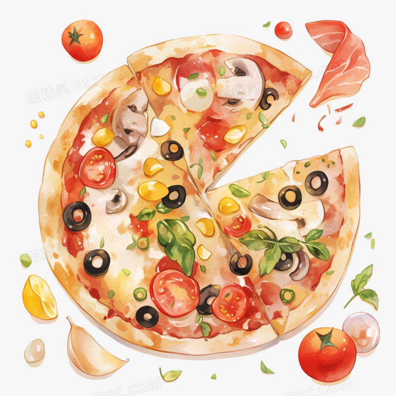 水彩快餐食物披萨免抠元素