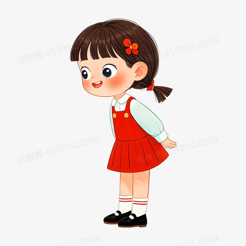 卡通插画女孩鞠躬问好免抠元素