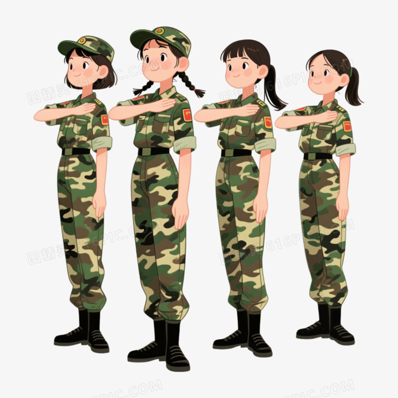 衷心4人迷彩服做军训免抠元素