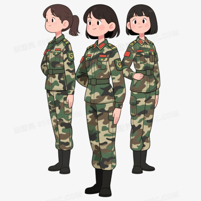 3人组排练迷彩服做军训免抠元素