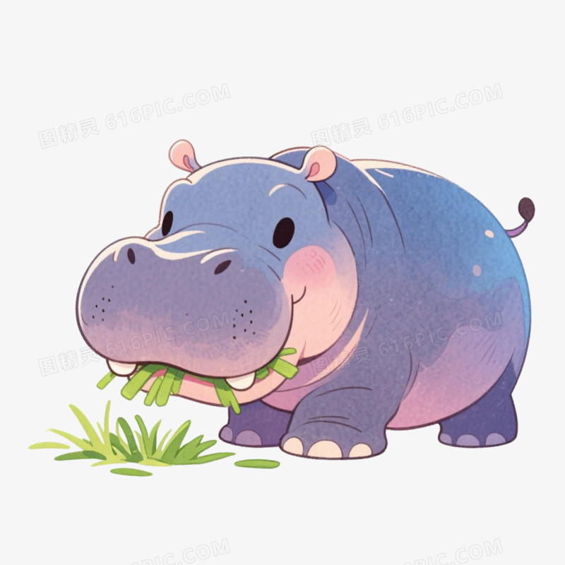 卡通水彩动漫风吃草食草动物河马免抠元素