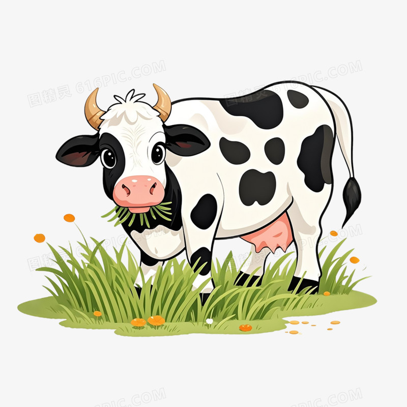 卡通手绘插画可爱小牛吃草免抠元素