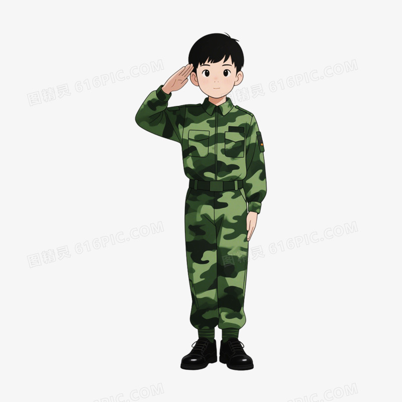卡通插画军训夏令营儿童穿迷彩服敬礼免抠元素