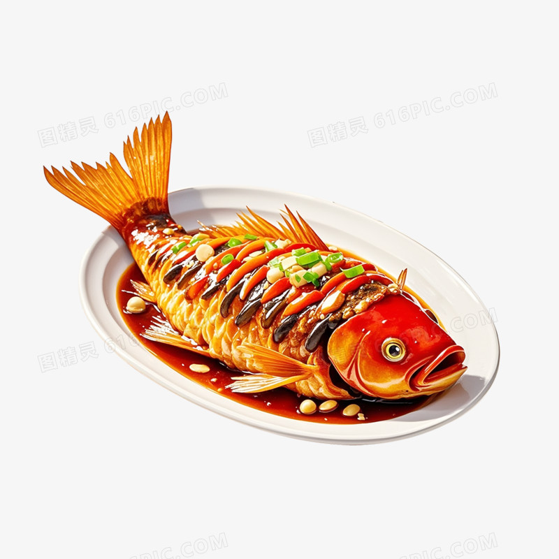 卡通手绘一盘糖醋鲤鱼免抠元素
