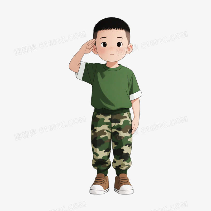 卡通插画军训夏令营儿童穿迷彩服敬礼免抠元素