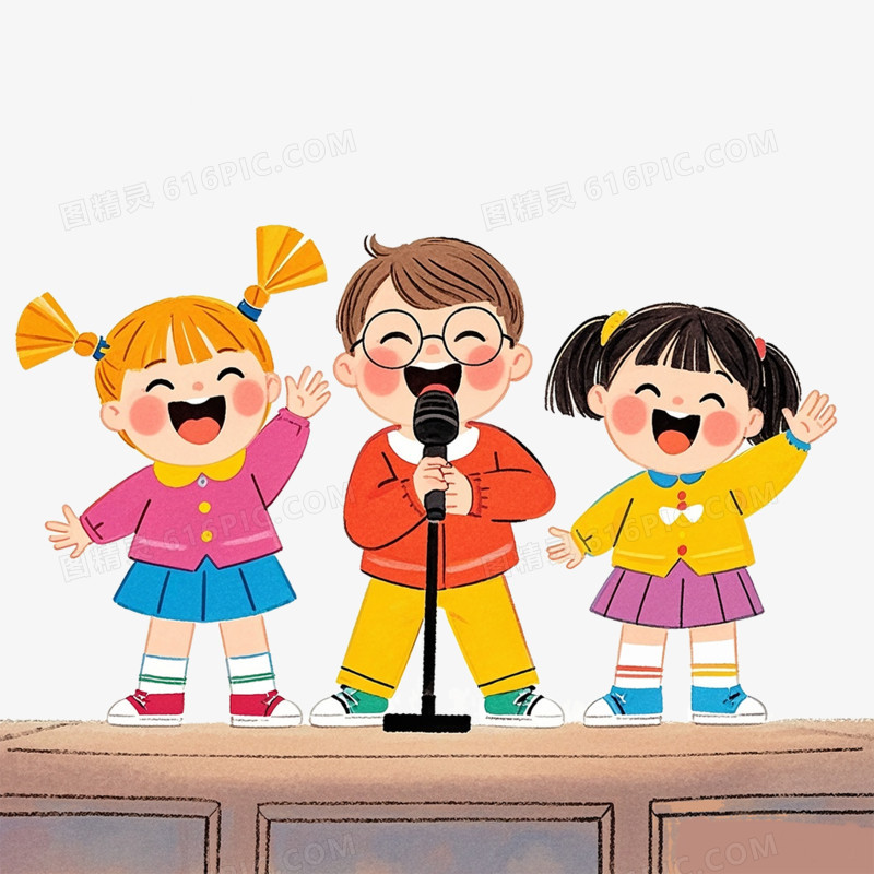 卡通插画小朋友站着表演唱歌免抠元素