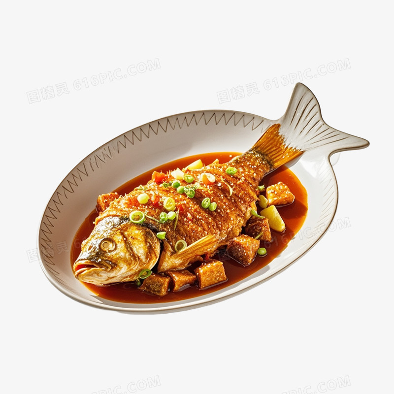 摄影风一盘红烧鱼中华美食免抠元素