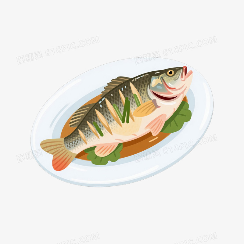 卡通手绘清蒸鲈鱼免抠元素
