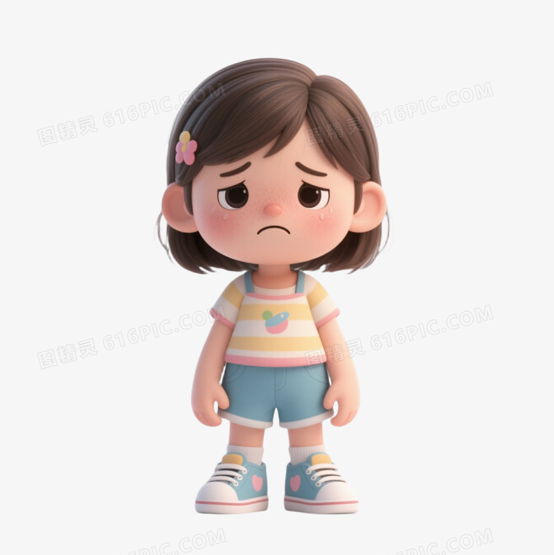 3D插画风格小女孩沮丧表情包免抠元素
