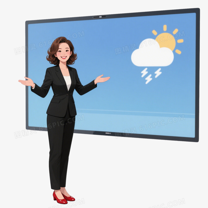 插画一个穿着黑色西服的女播音主持人在投影旁播报天气免抠元素