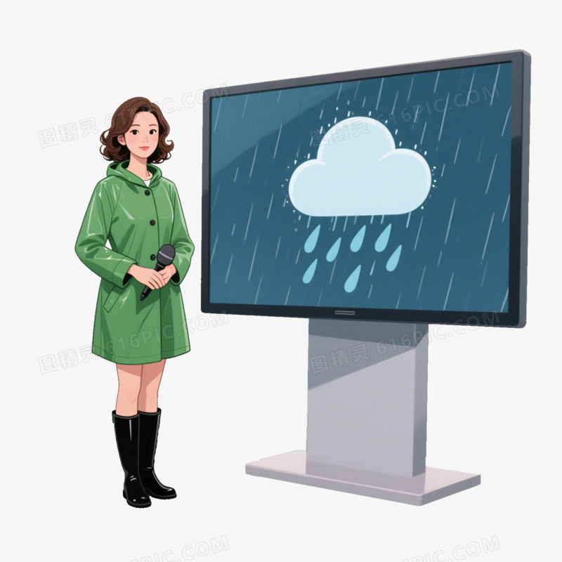 插画一个穿着绿色雨衣的女播音主持人在播报天气免抠元素