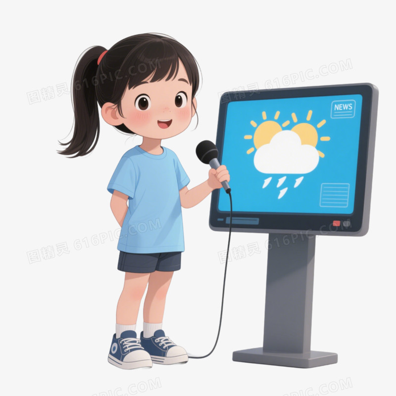 插画一个小女孩在播报天气免抠元素