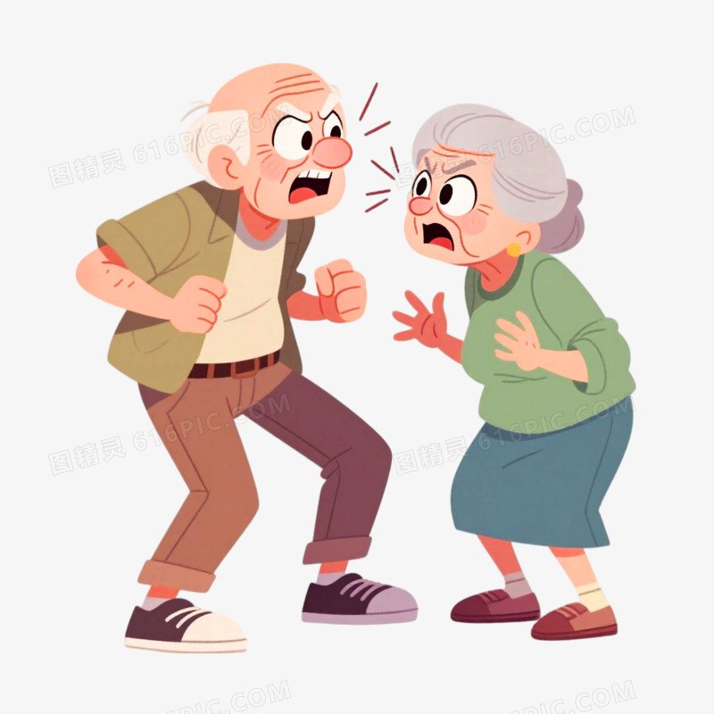 手绘插画风格两个老人吵架免抠元素