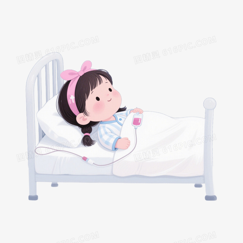 卡通手绘小朋友感冒生病躺在病床上免抠元素