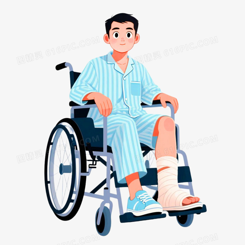手绘插画风格坐在轮椅上的病人免抠元素