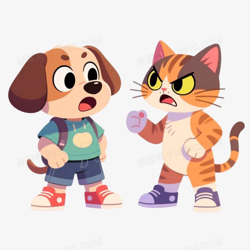 手绘插画风格两个拟人化小动物吵架免抠元素