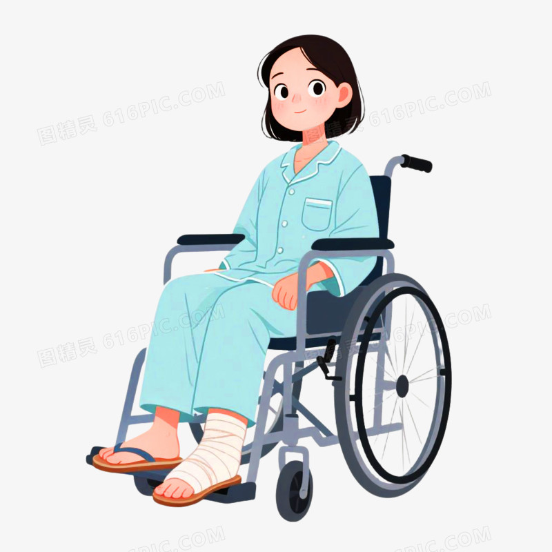 手绘插画风格坐在轮椅上的病人免抠元素