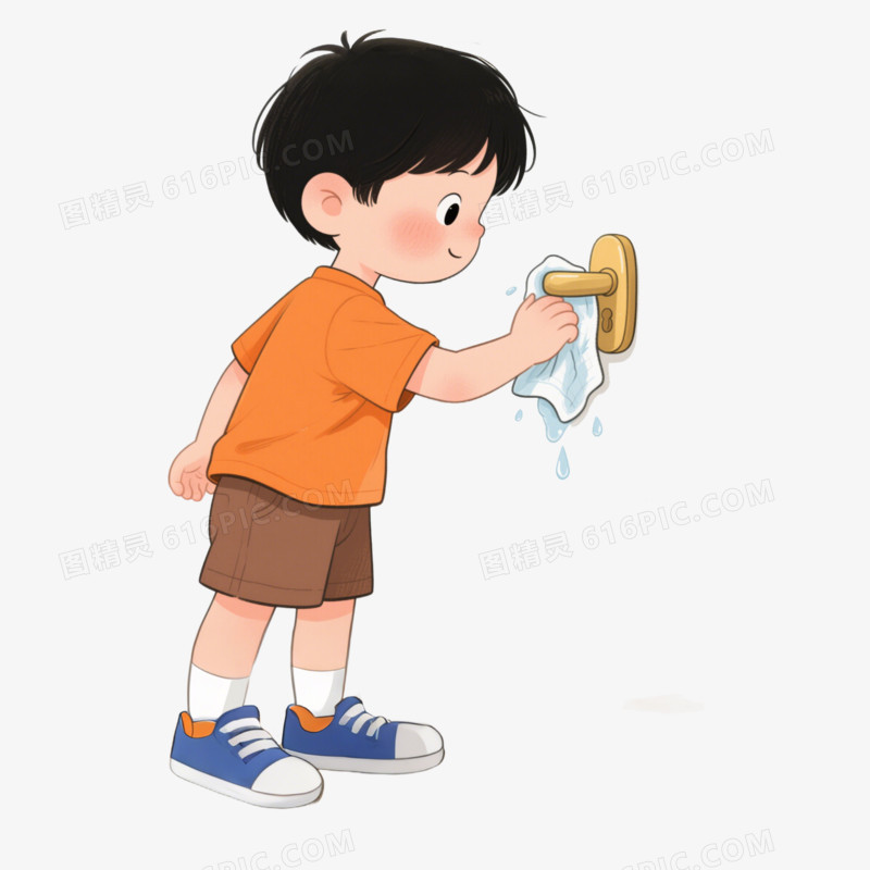 手绘卡通擦拭门把手好习惯免抠元素