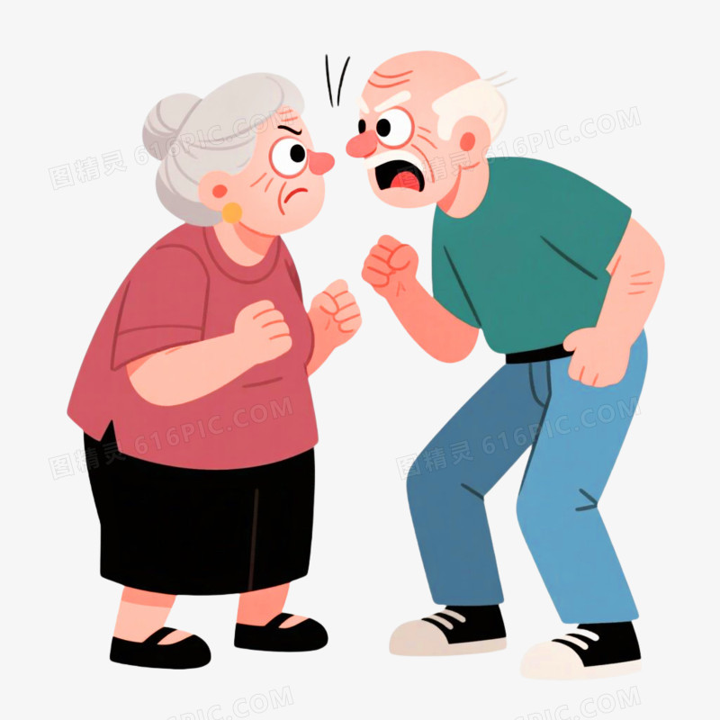 手绘插画风格两个老人吵架免抠元素