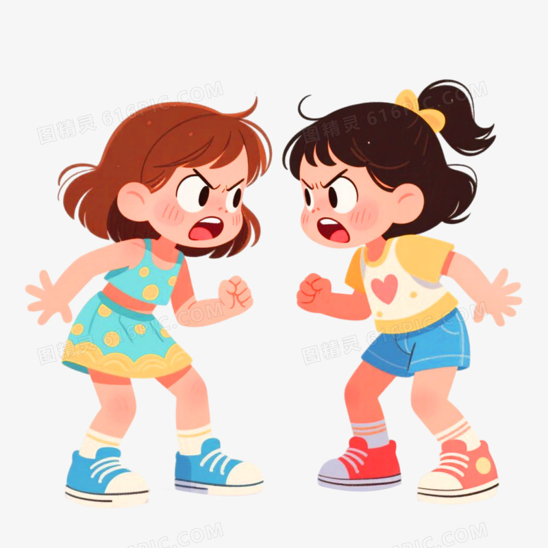手绘插画风格两个女孩吵架免抠元素
