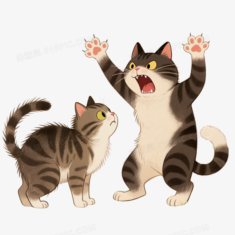 手绘卡通动物小猫吵架免抠元素