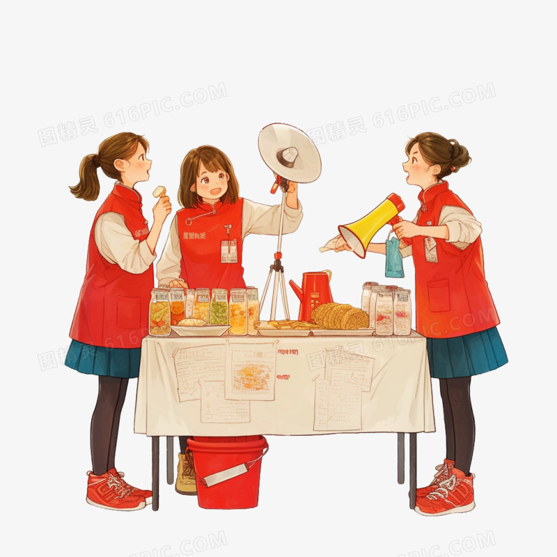 卡通志愿者在爱心义卖面包免抠元素