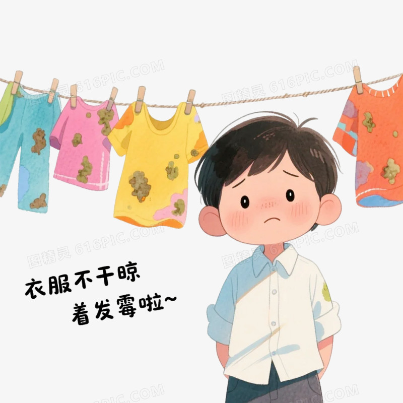 卡通插画风梅雨季节下雨晾衣服免抠元素