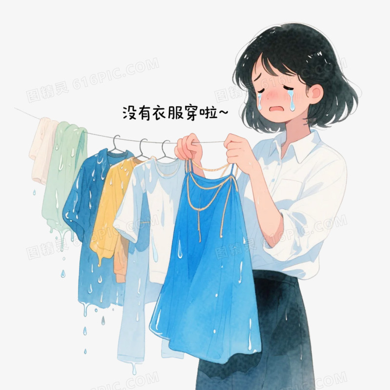 卡通插画风梅雨季节下雨晾衣服免抠元素