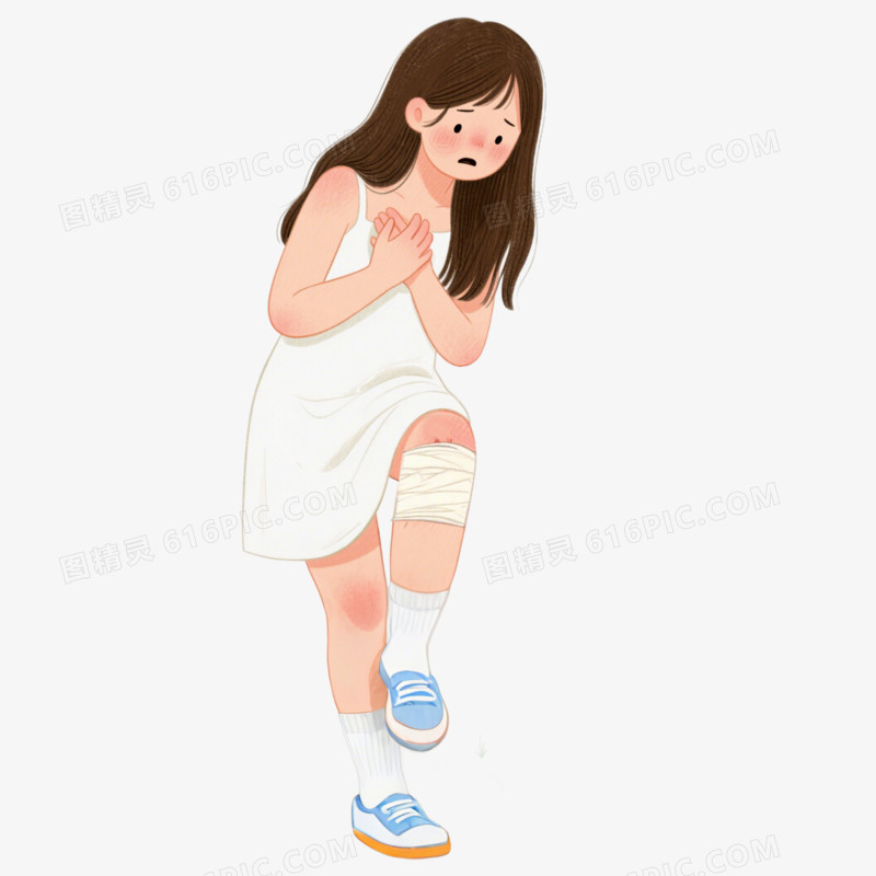 手绘卡通人物女孩腿部受伤免抠元素