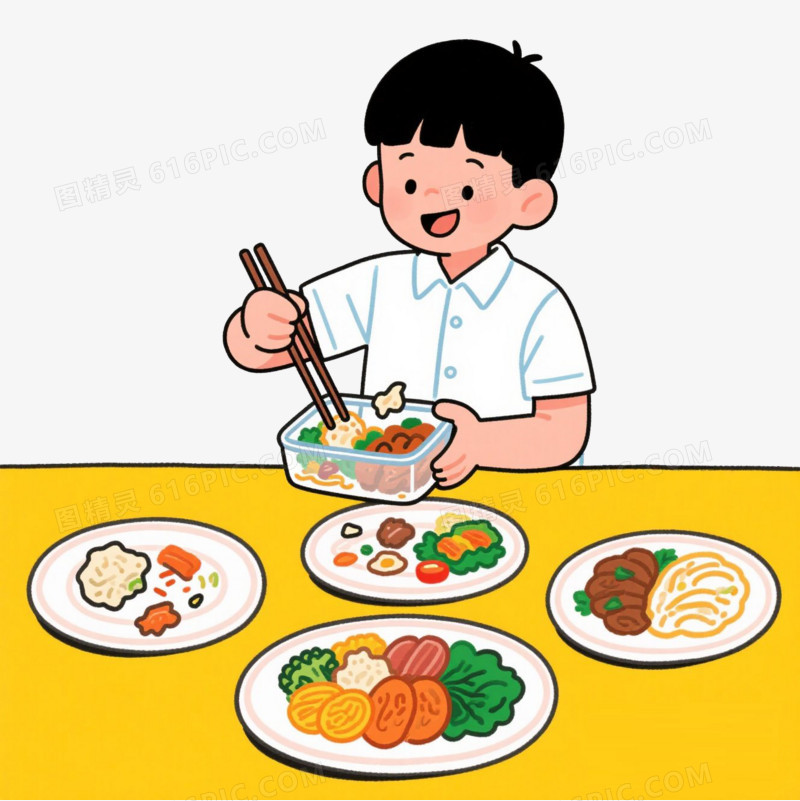 卡通小男孩打包剩菜免抠元素