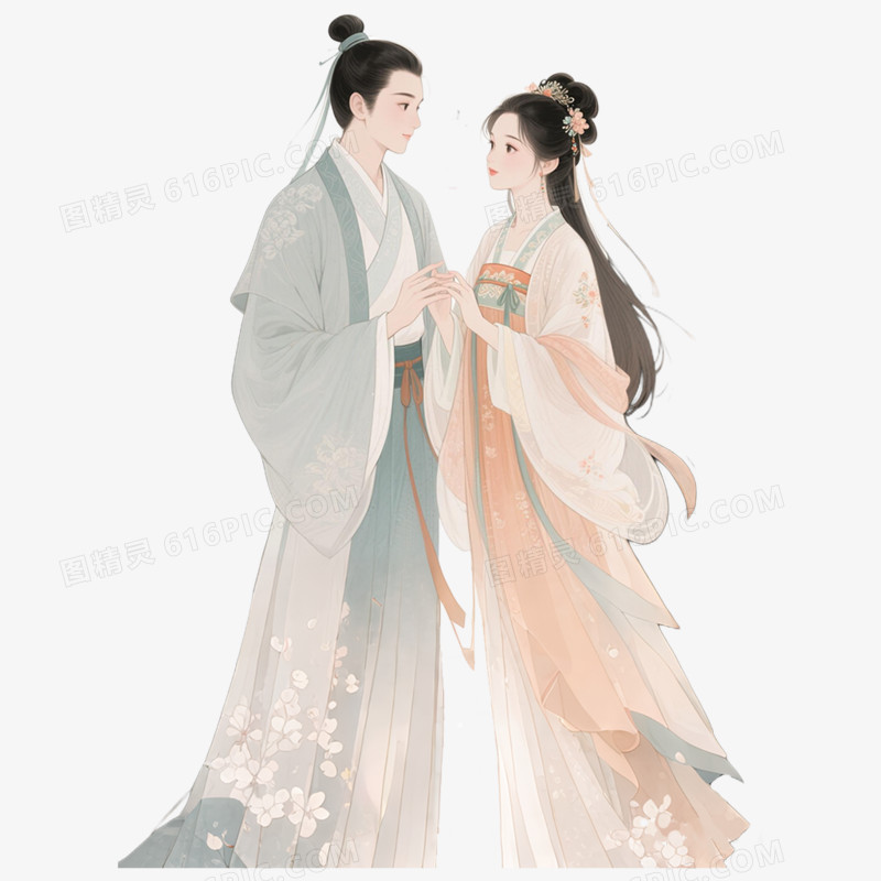 手绘插画古风素雅的情侣免抠元素