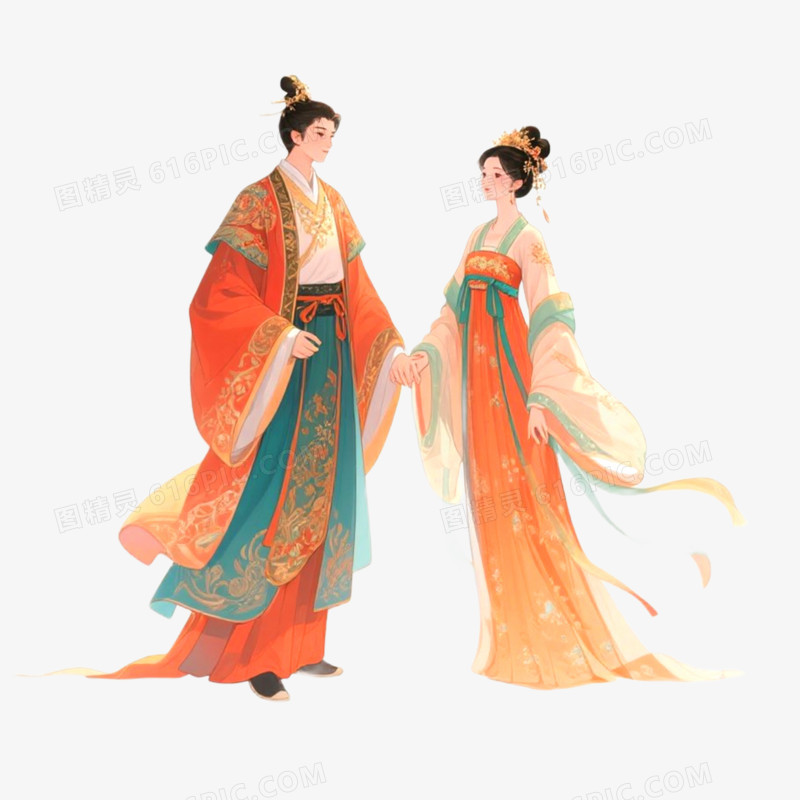手绘插画古风素雅的情侣免抠元素