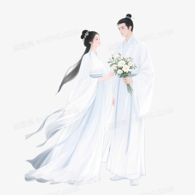 手绘插画古风素雅的情侣免抠元素