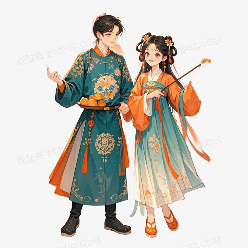 手绘插画风古风情侣免抠元素