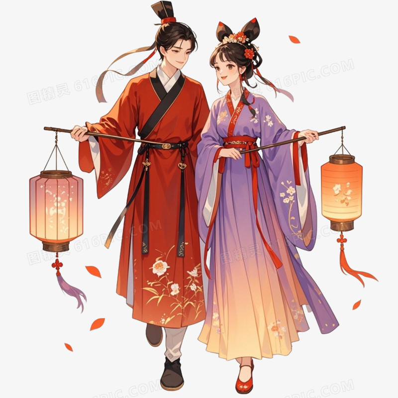 手绘插画风古风情侣免抠元素