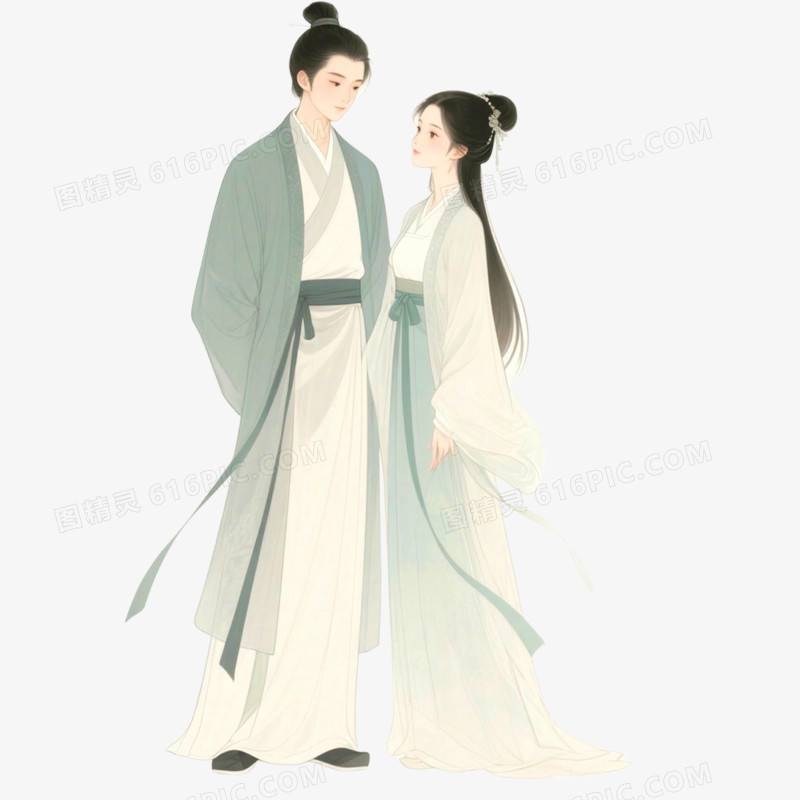 手绘插画古风素雅的情侣免抠元素