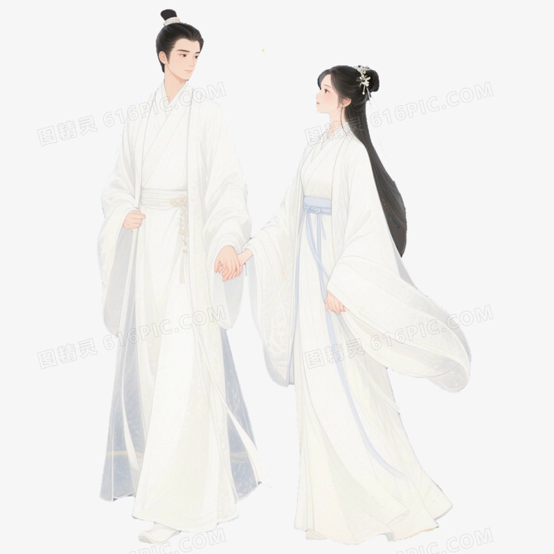手绘插画古风素雅的情侣免抠元素