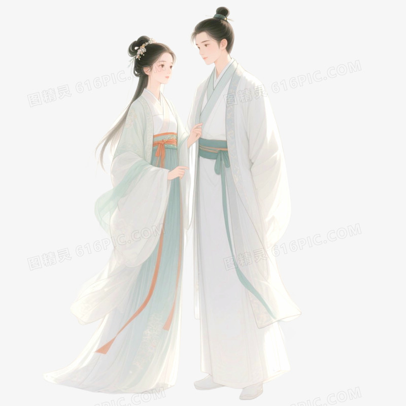 手绘插画古风素雅的情侣免抠元素
