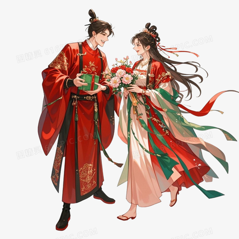 手绘插画风古风情侣免抠元素