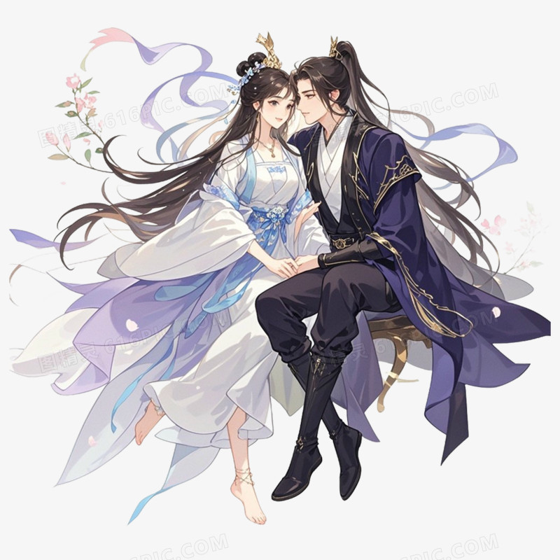 手绘插画风古风情侣免抠元素