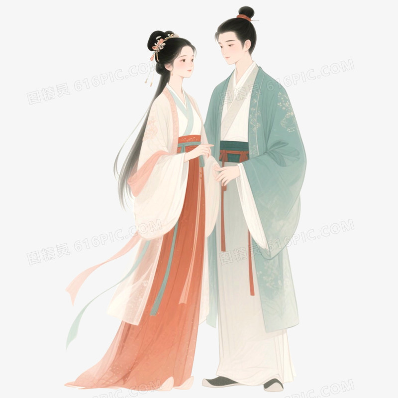 手绘插画古风素雅的情侣免抠元素
