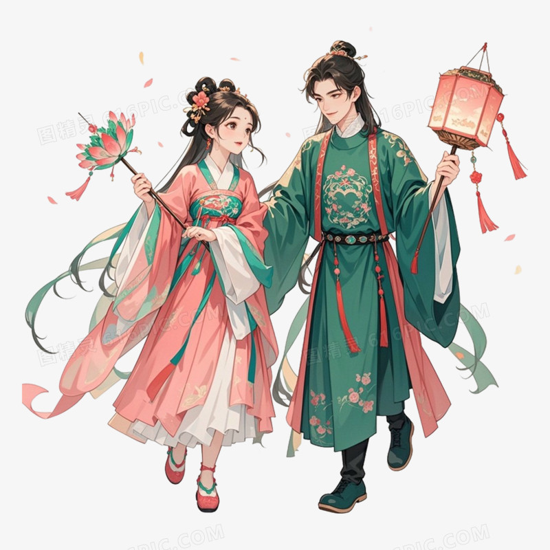 手绘插画风古风情侣免抠元素
