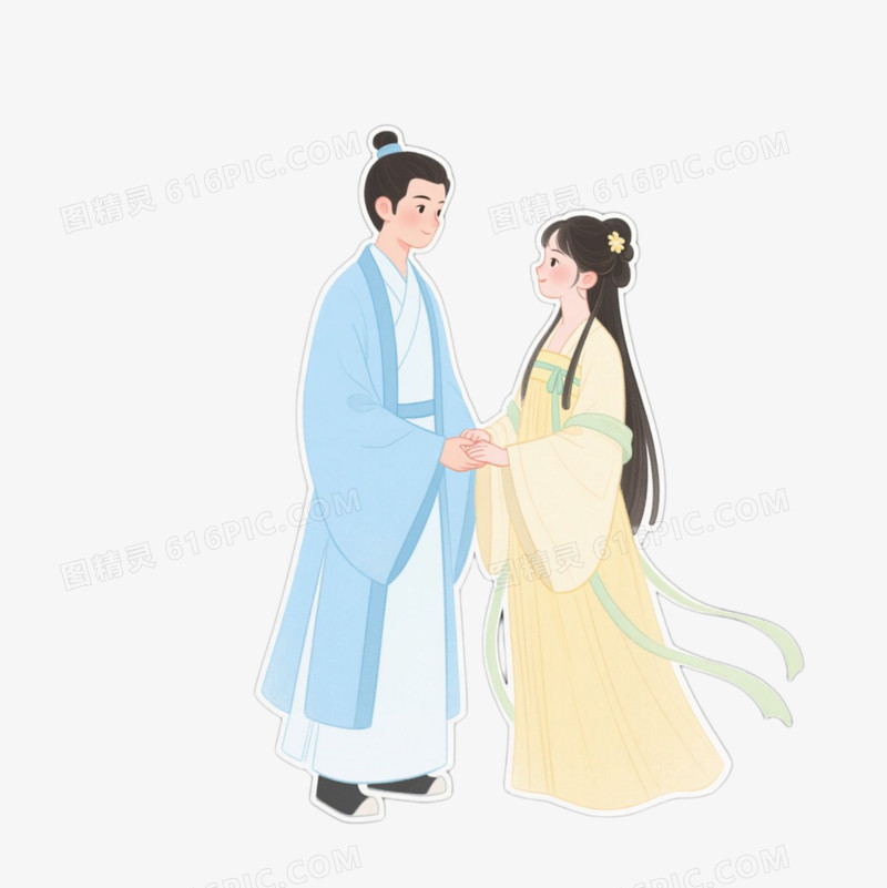 插画一对穿着古装的情侣拉手免抠元素