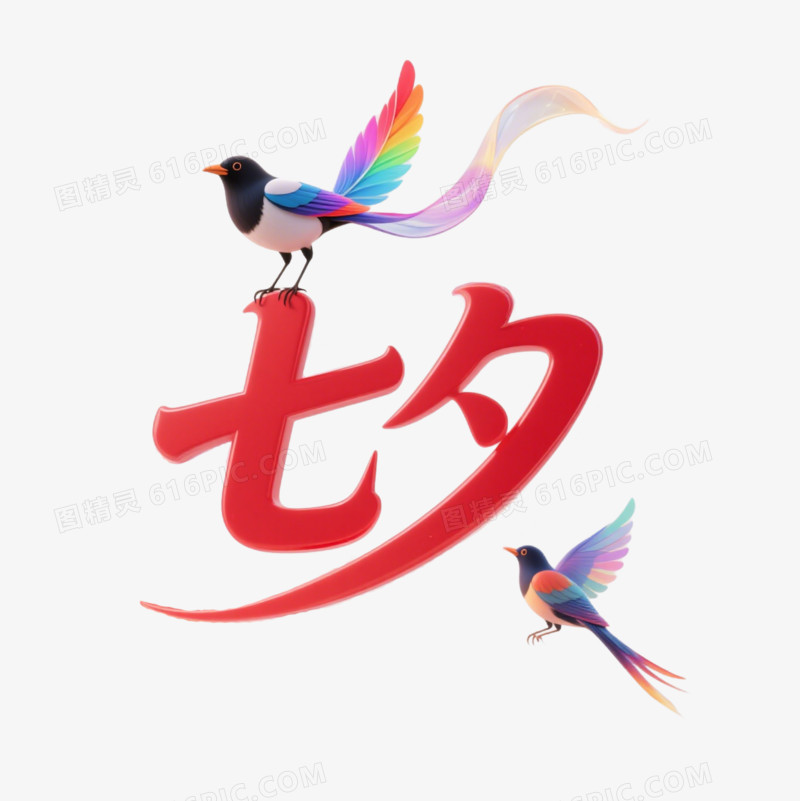 3D卡通创意红色七夕文字和喜鹊免抠元素