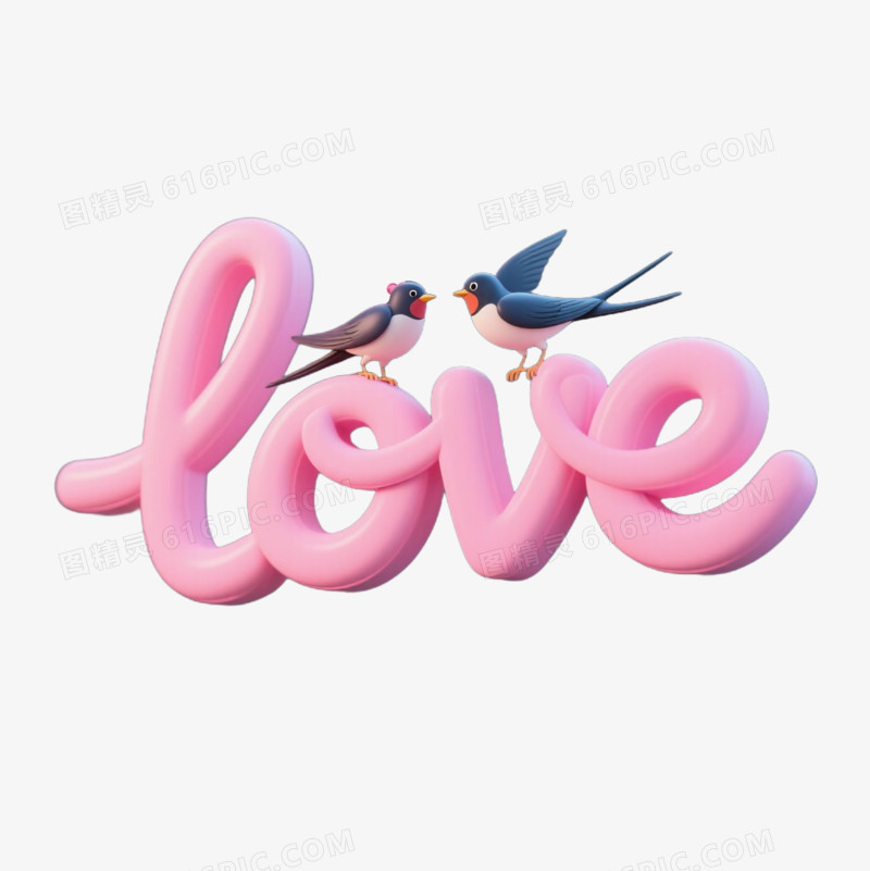 3D卡通创意七夕粉色文字love和喜鹊免抠元素