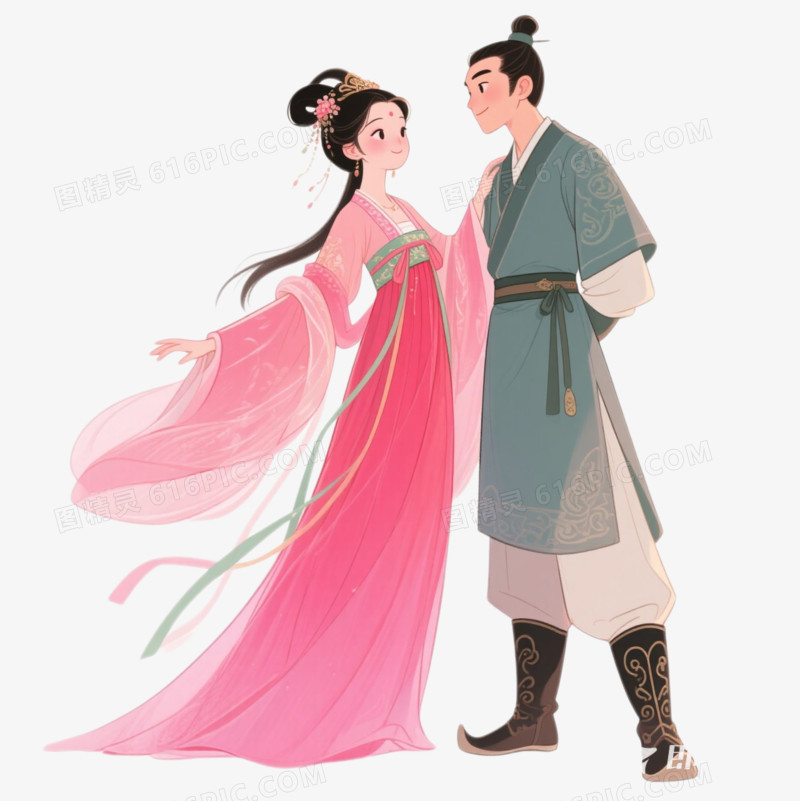 插画一对穿着古装的情侣对视免抠元素