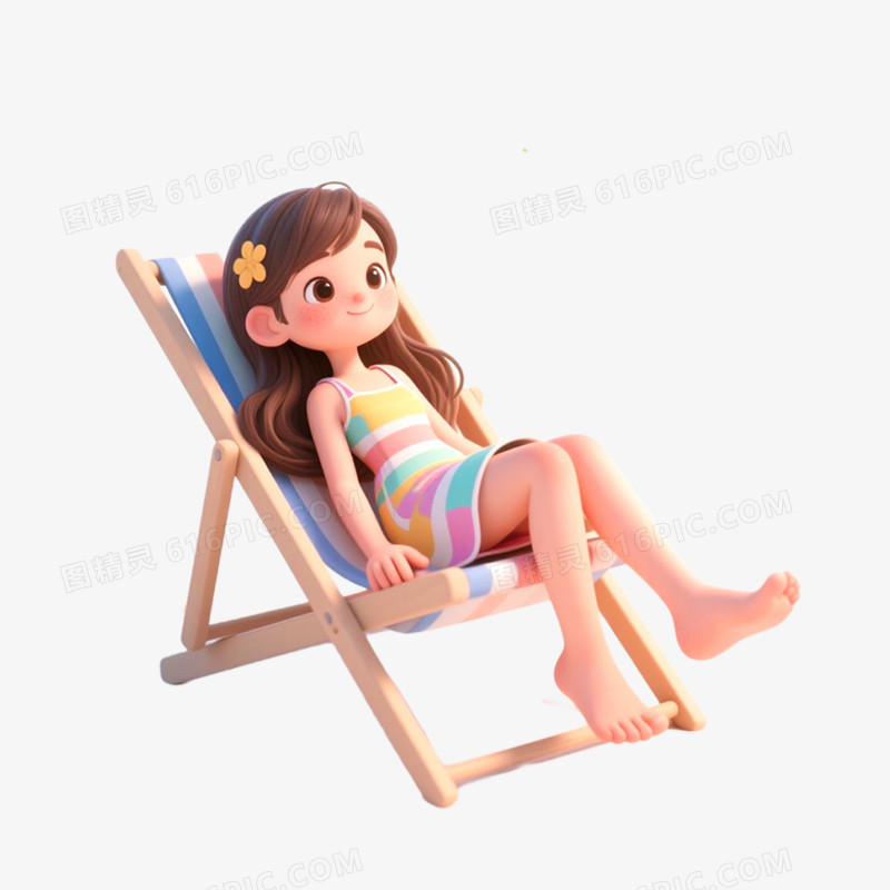 3D立体人物坐沙滩椅休息免抠元素