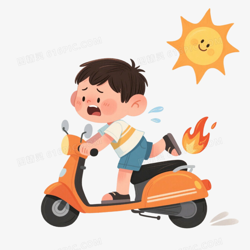 插画大太阳下小男孩骑着电动车快着火了免抠元素