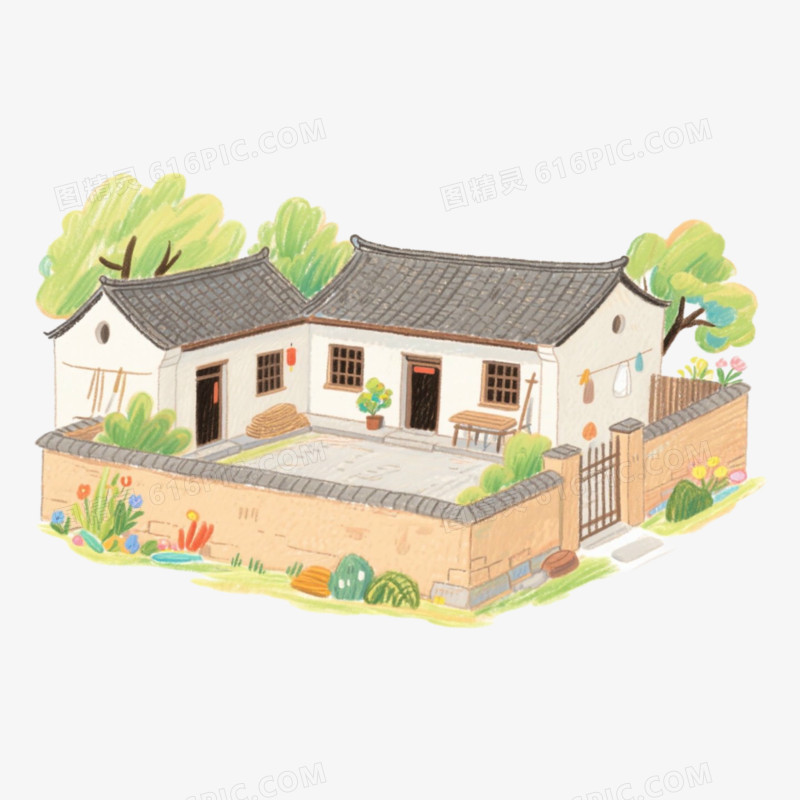 水彩农村农家小院免抠元素