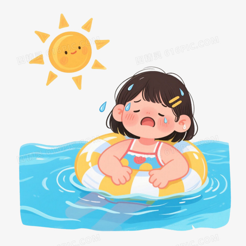 插画大太阳下的小女孩泡在游泳池中免抠元素